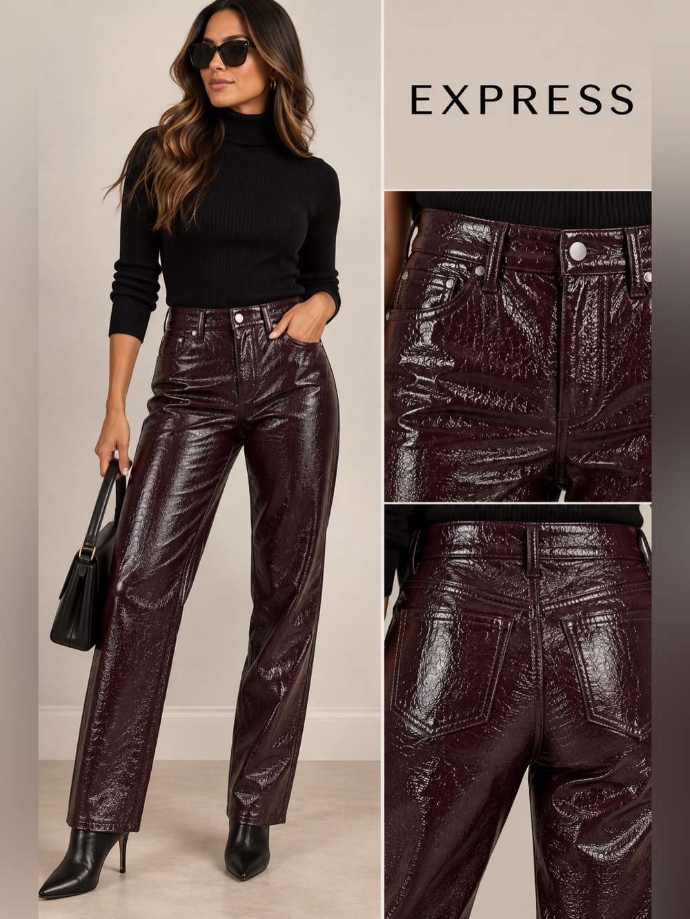 Express Modern Straight Super High Rise Faux Patent Leather Pants 2L Purple